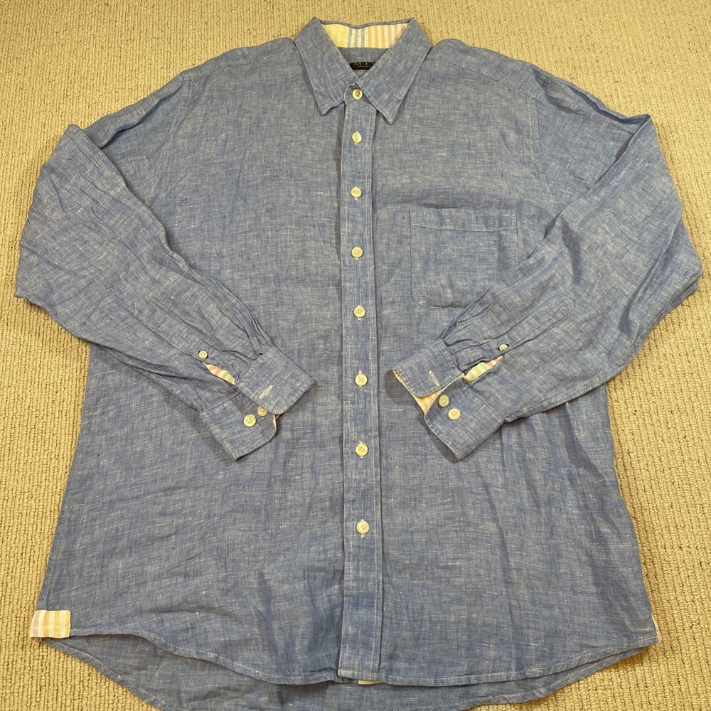 MINE Men's Large 100% LINEN Blue Button Down Shirt Rainbow Trim